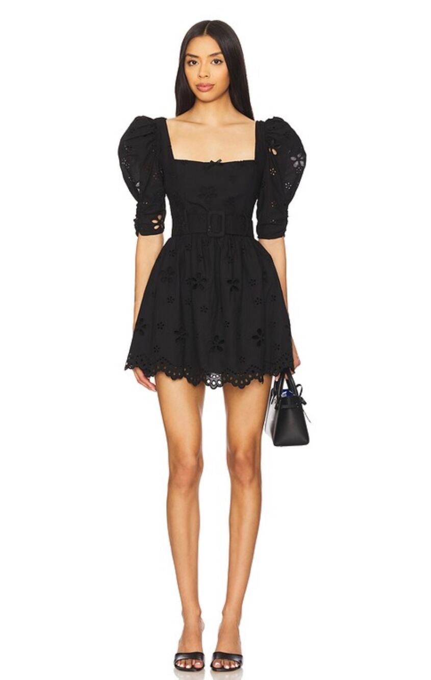 For Love & Lemons Daisy Eyelet Mini Dress Black Size Medium Puff Sleeve Cotton